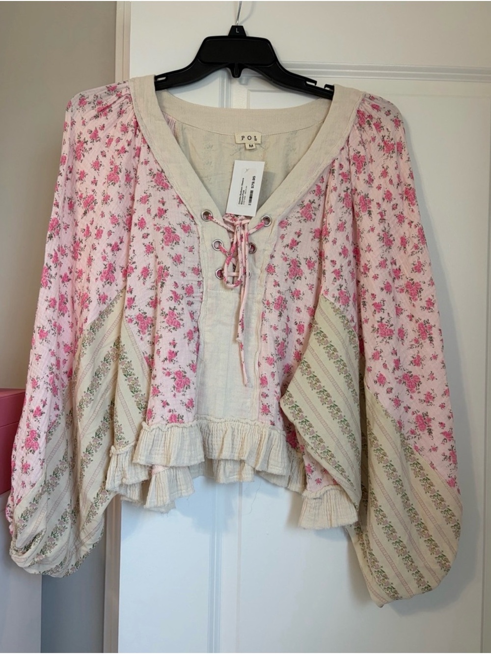 POL Pink Floral Lace-Up Peasant Tunic with Cream Panels